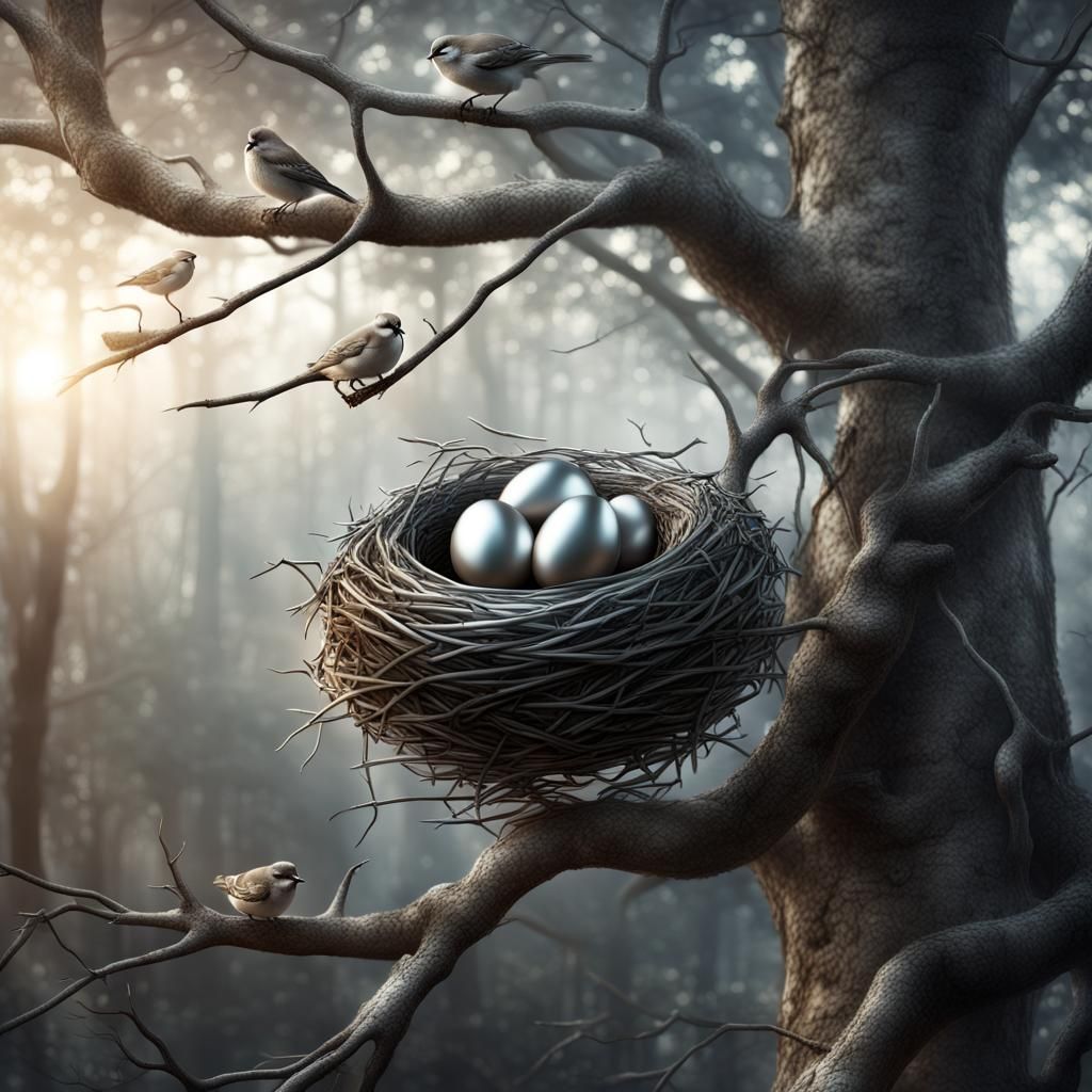 Steel Nest with Silver Sparrows in Metal Forest