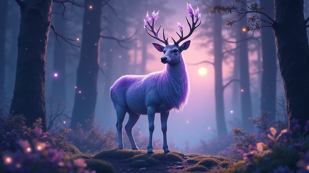 Mystical Deer in Bioluminescent Forest Fantasy Art