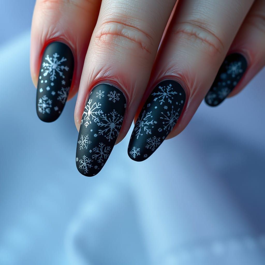 Matte Black Nails with Intricate Snowflakes