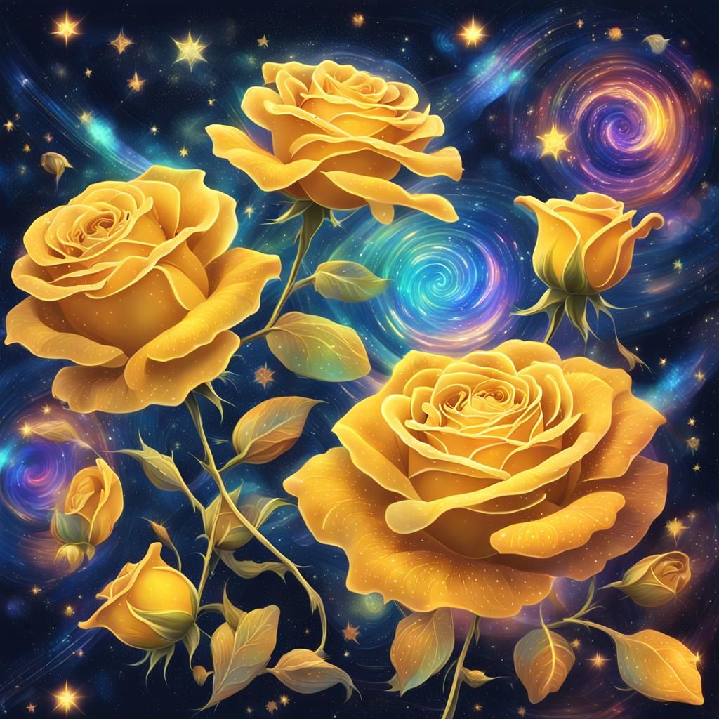 Surreal Cosmic Dreamscapes Featuring Vibrant Yellow Roses in...