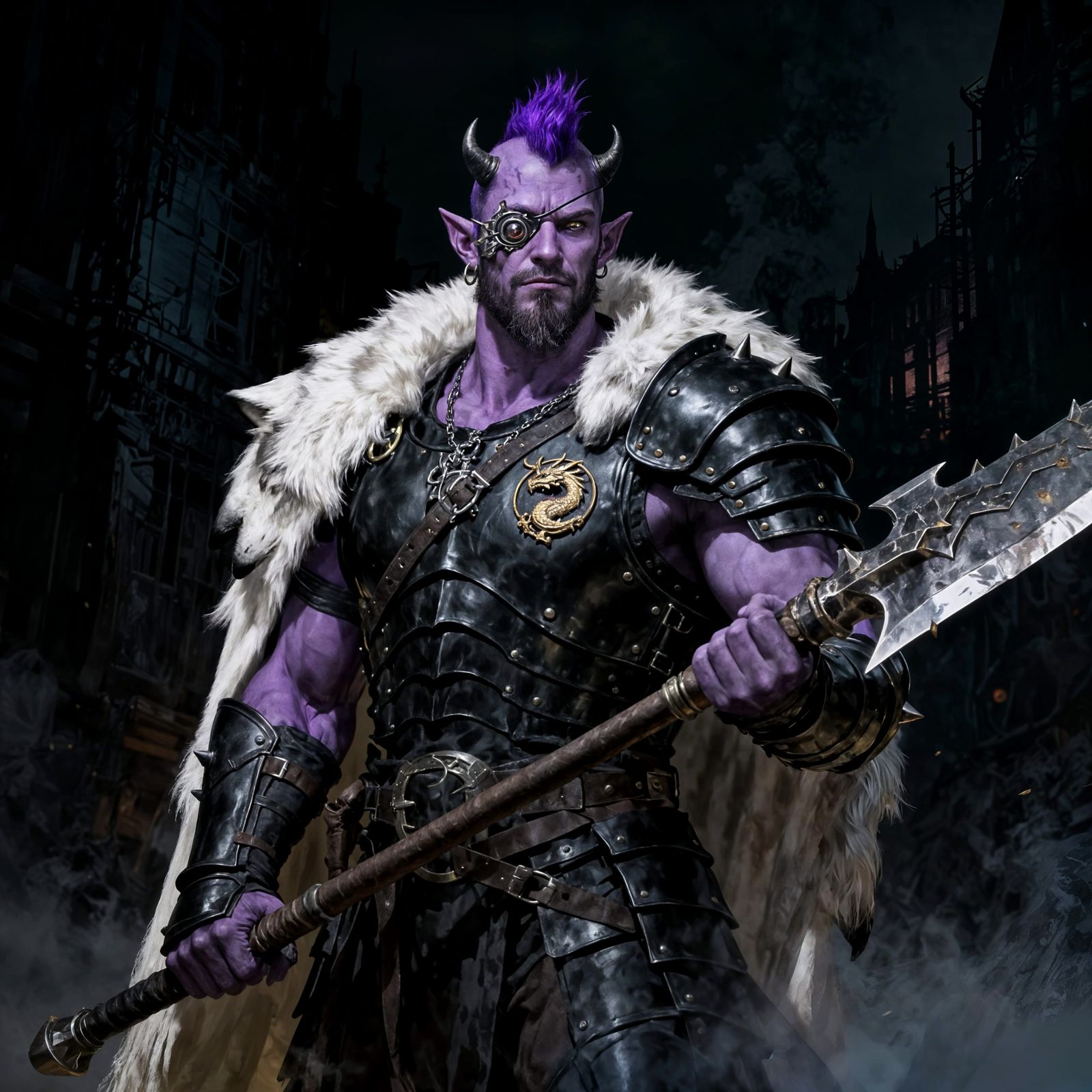 Muscular Tiefling Warrior with Glaive in Fantasy City