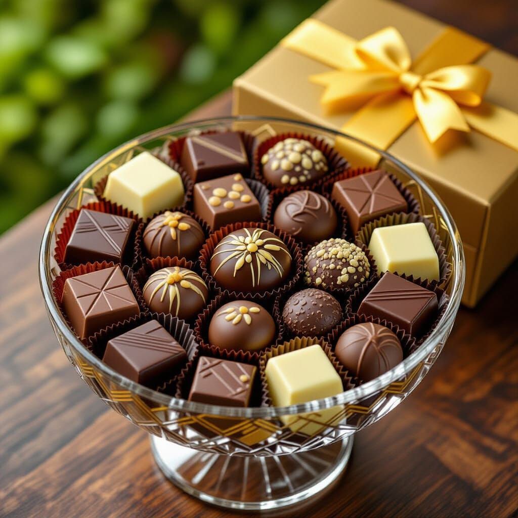 Luxurious Chocolates in Engraved Bowl with Garden Setting