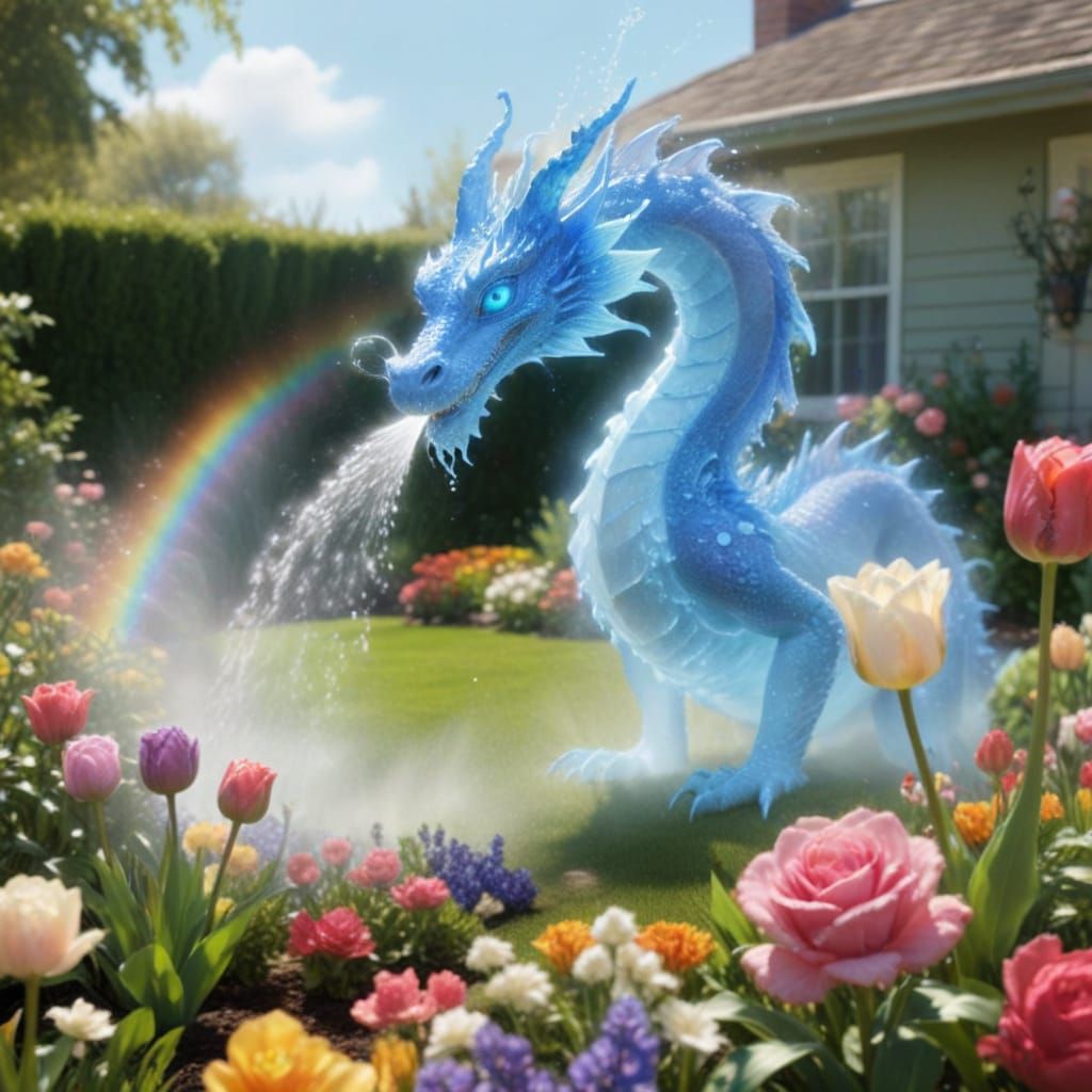 Ghostly Blue Dragon Waters a Sunny Garden