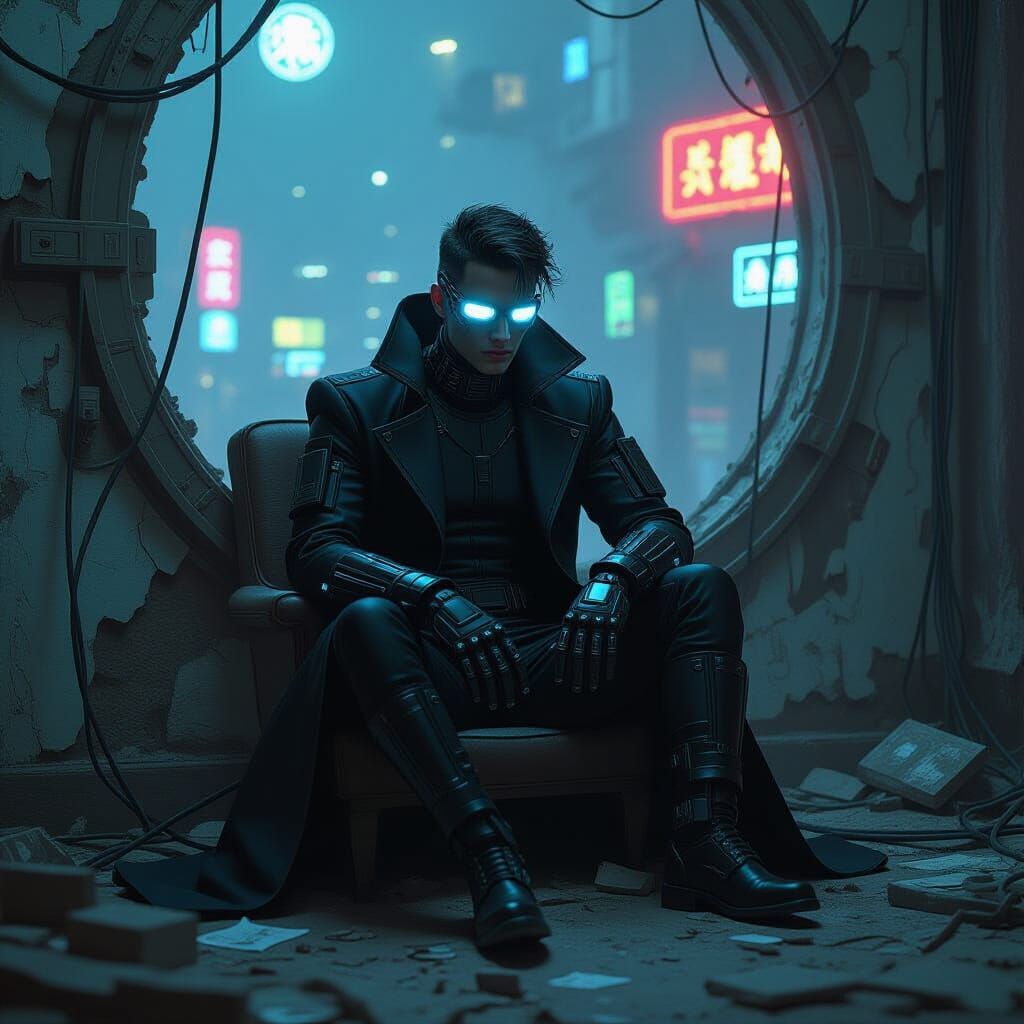 Netrunner in Decaying Cityscape, Dystopian Cyberpunk Style