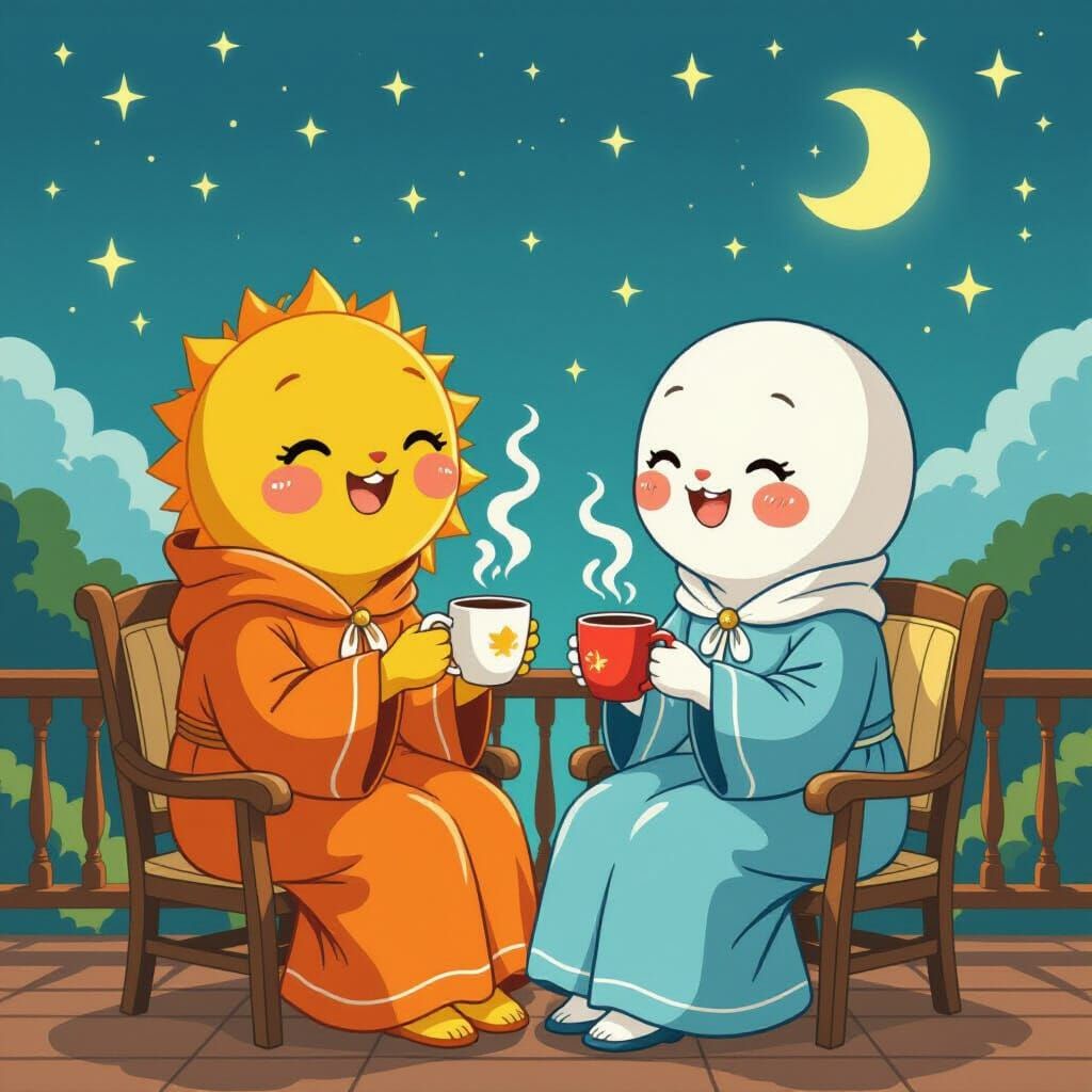 Sun and Moon Share Cocoa on Balcony in Whimsical Style
