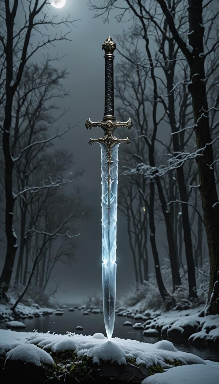 Glowing Moonstone Sword in Eerie Riverside Fantasy
