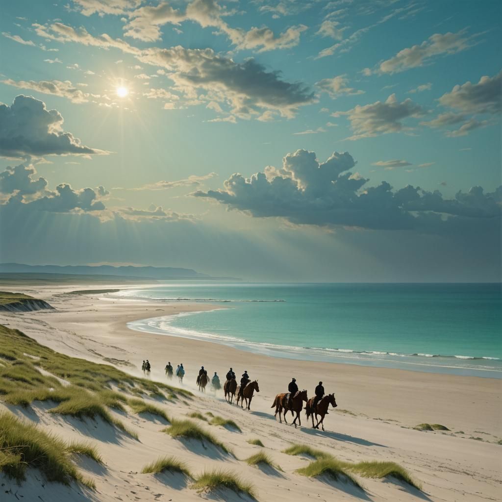 Horsemen Walking to Beach with Bioluminescent Sea