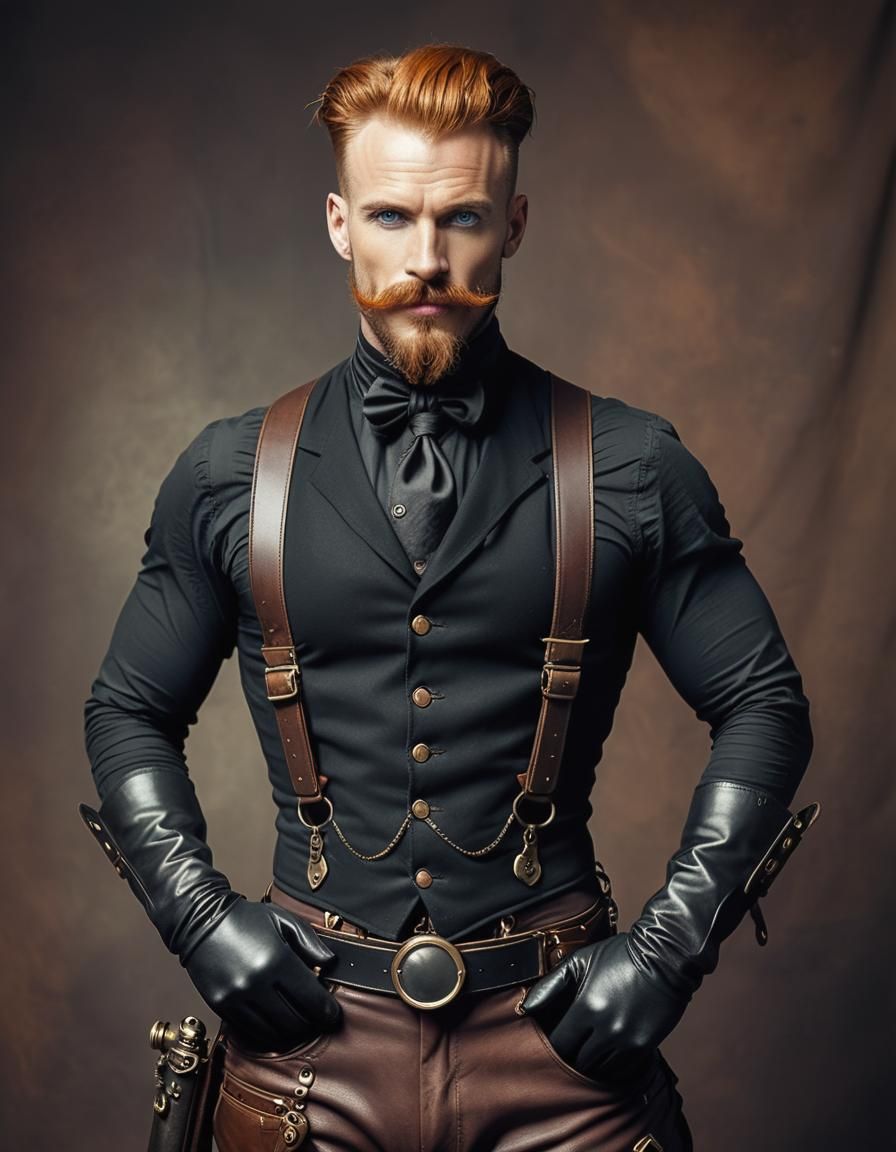 Steampunk Hunk with Ginger Mustache and Leather Gloves