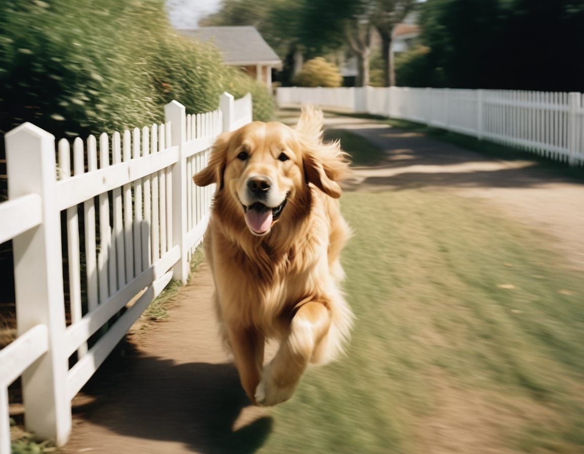 Golden Retriever Runs Beside Fence in Gritty Realism