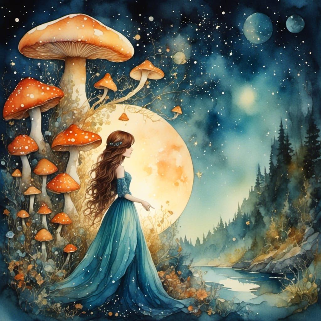 Ethereal Star-Gown Woman in Bioluminescent Forest