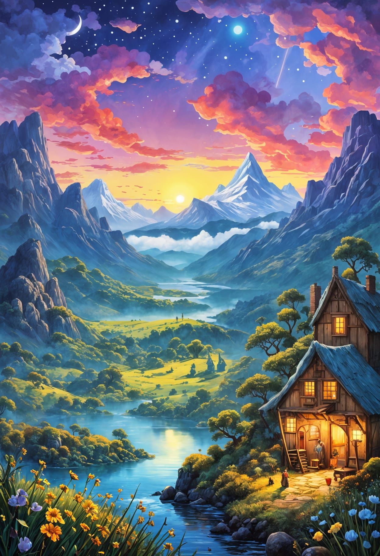 Whimsical Sci-Fi Fantasy Sunset Illustration