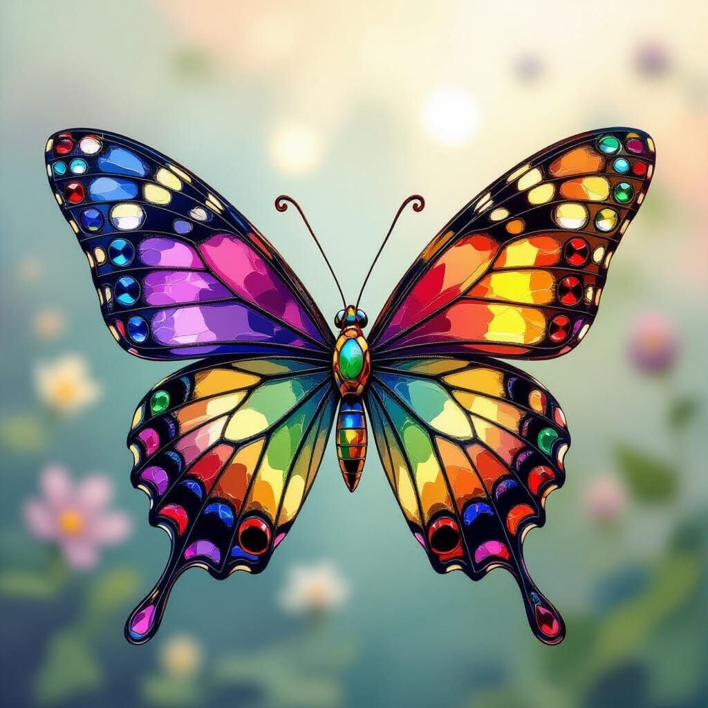 Gemstone Butterfly in Rainbow Gradient, Art Nouveau Style