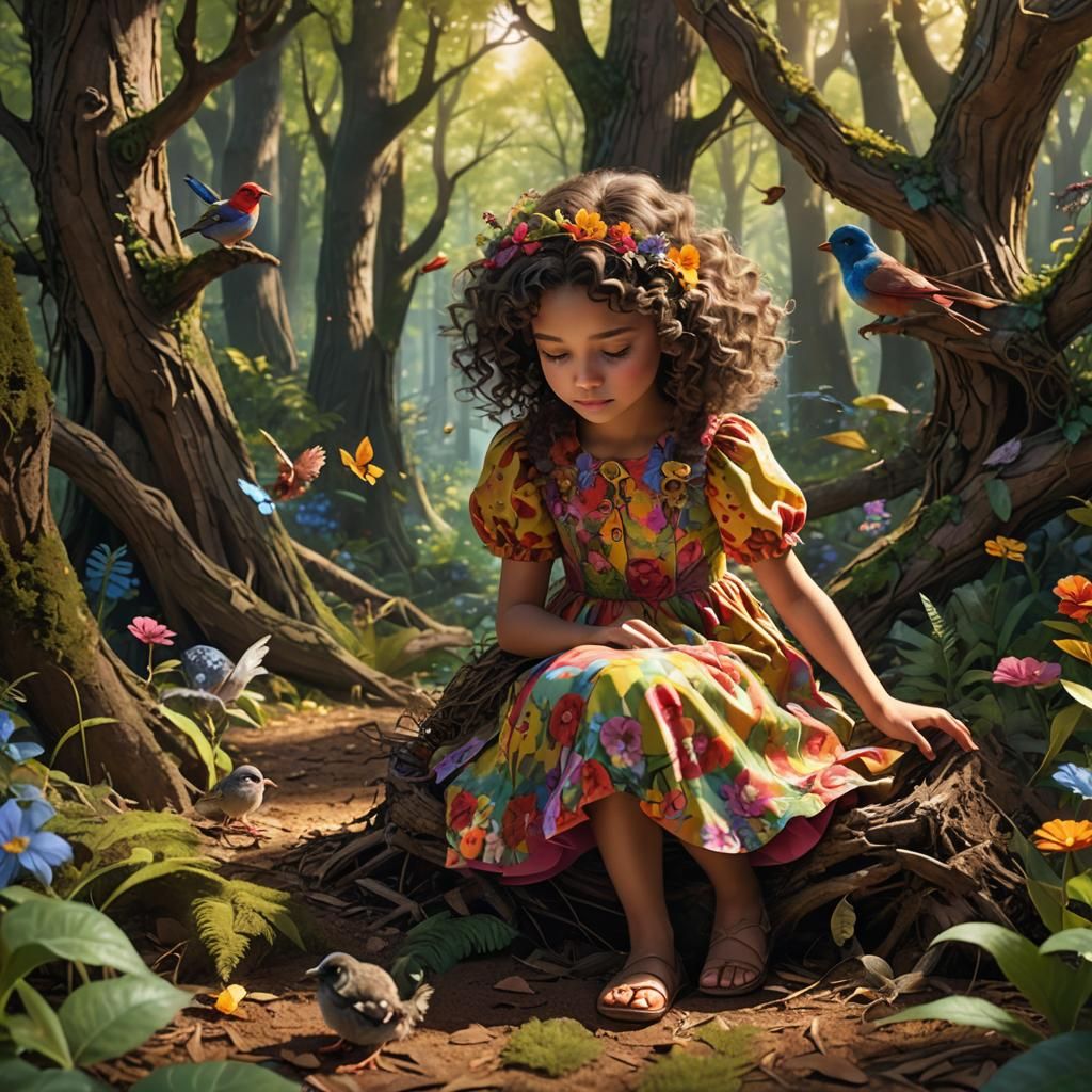 Girl Helps Bird in Whimsical Forest: Fantasy Art