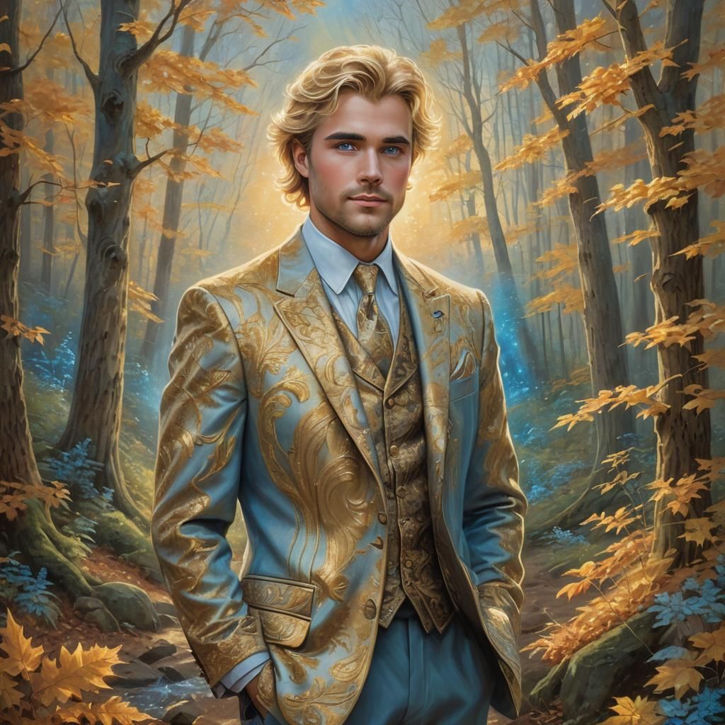 Ethereal Gentleman in Gold Embroidered Attire Amidst Autumn....