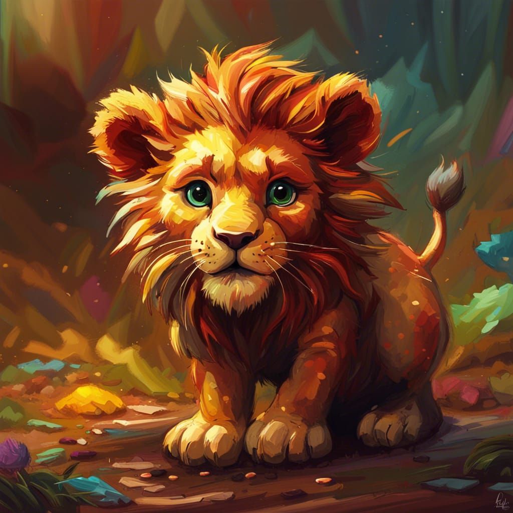 Cute Baby Lion Cub in Impasto Oil Painting Style