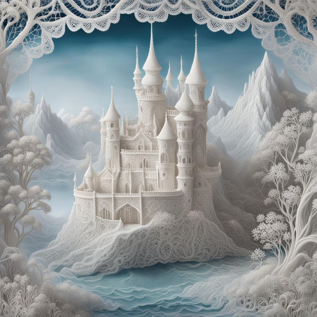 Detailed Lace Art in Whimsical Fantasy Landscape