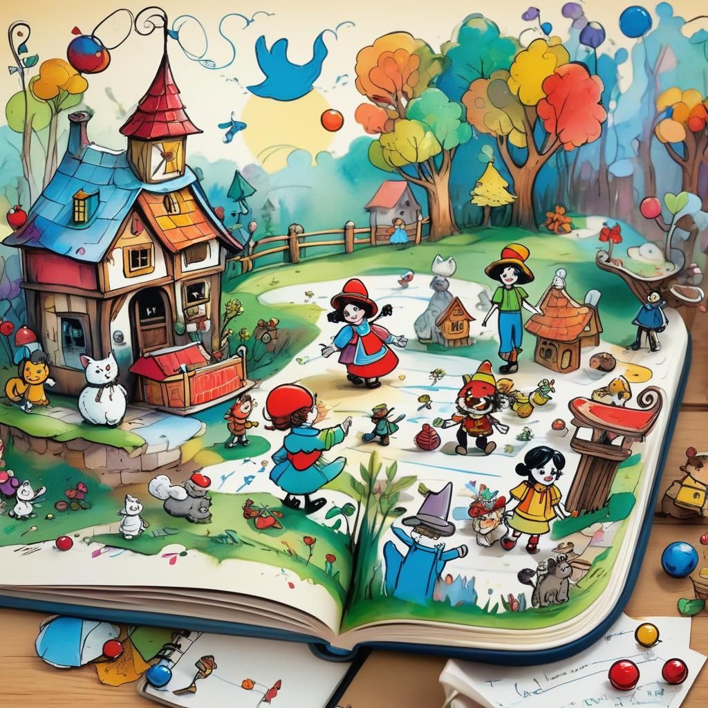 Vibrant Surrealist Doodle Scene with Whimsical Characters