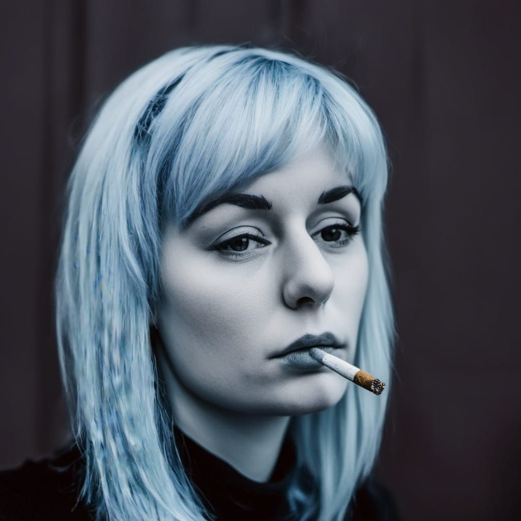 Gray Skinned Person with Blue Hair Smoking