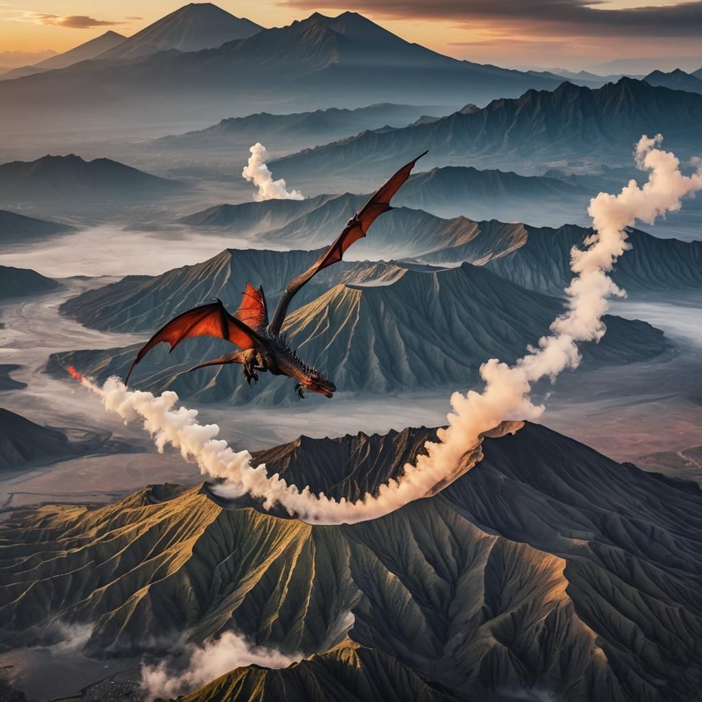 Dragon Flight Over Mount Bromo at Sunrise