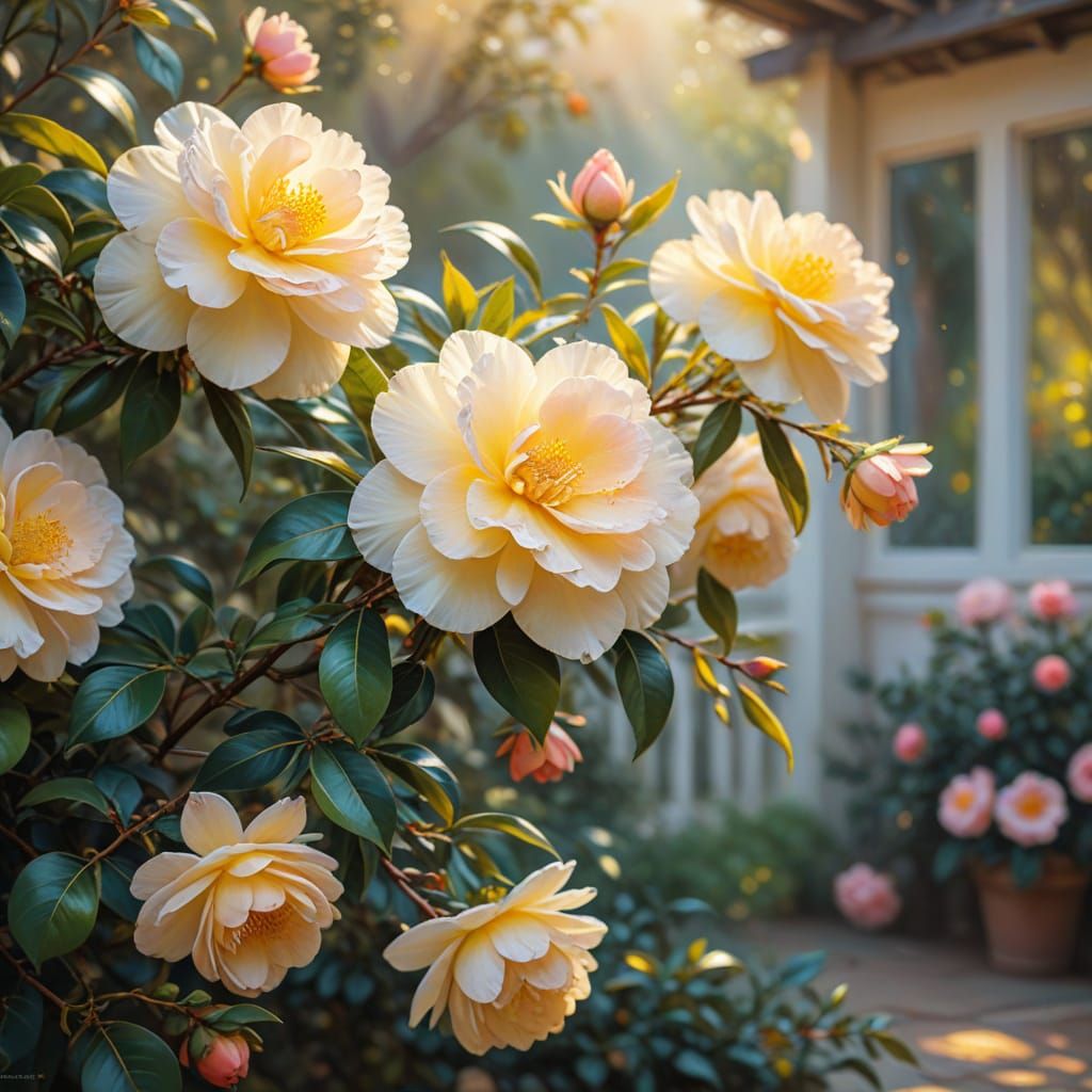 Impressionist Camellia Garden in Golden Light