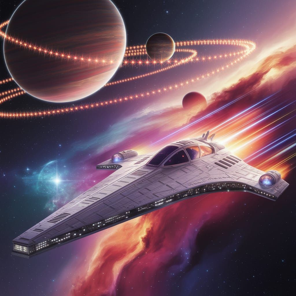Sleek Starship Surfs Cosmic Waves in Vibrant Nebula
