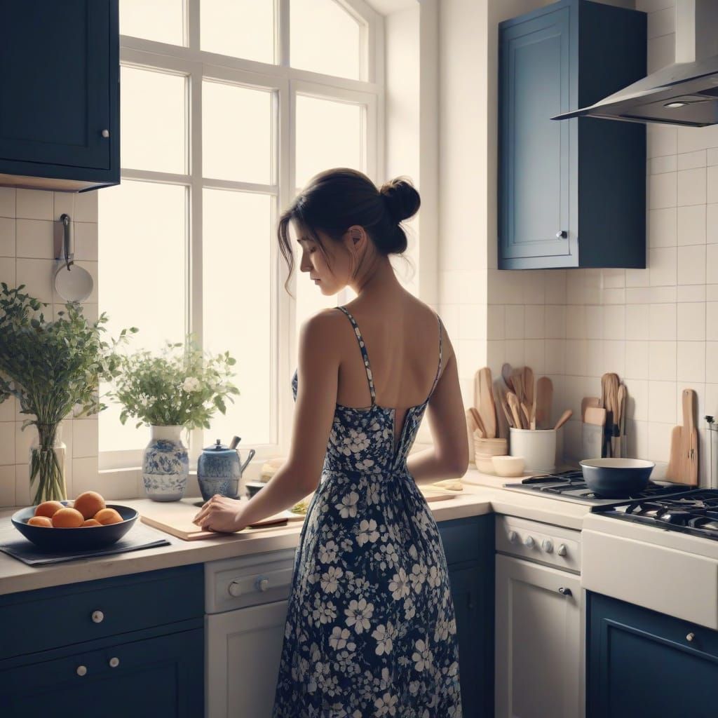 Young Woman Cooking in Simple Charcoal Sketch Style