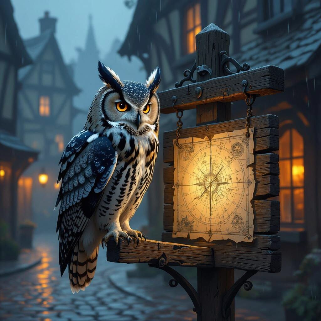 Obsidian Owl on Tavern Signpost, Matte Painting