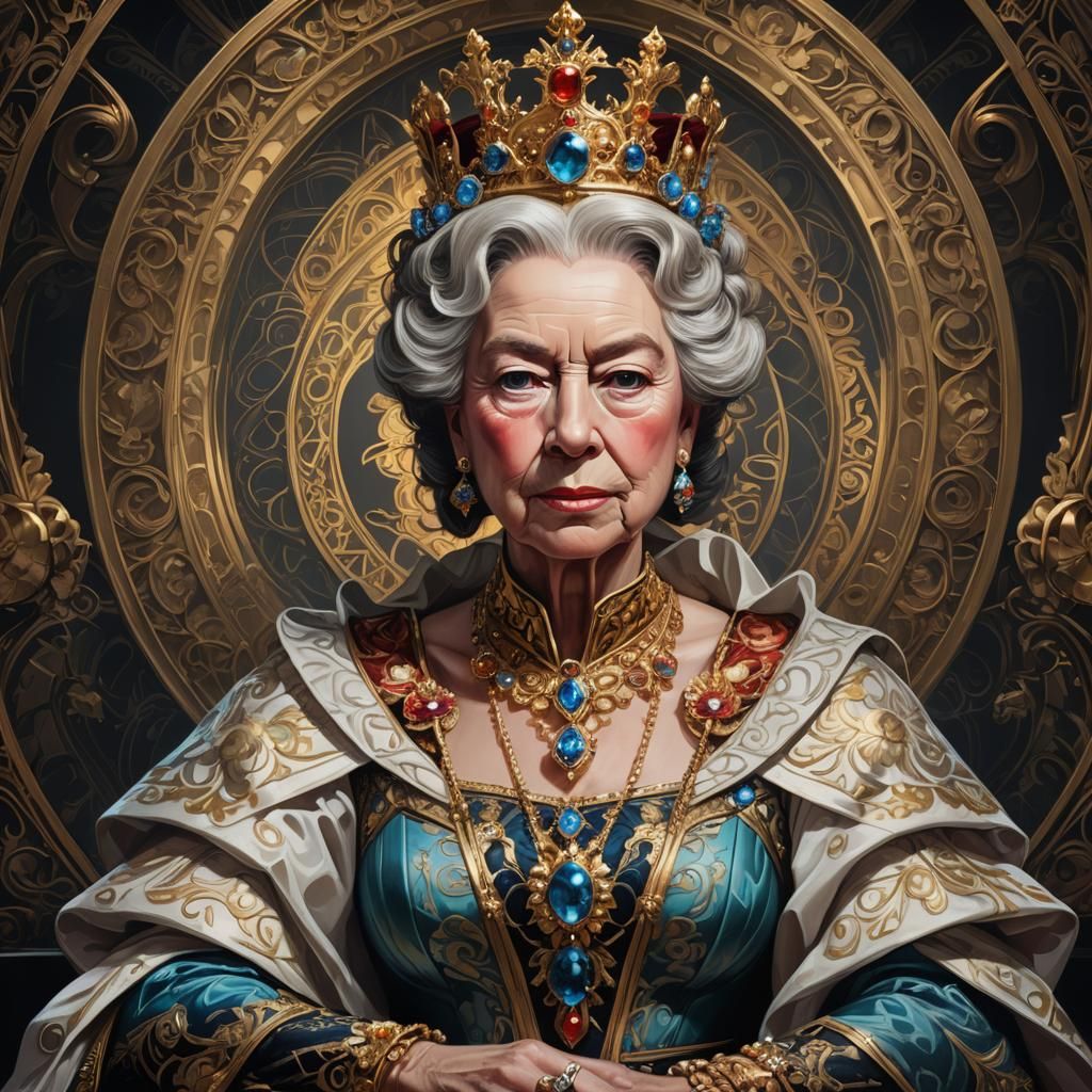 Regal Portrait of Elizabeth II in Dark Fantasy Style
