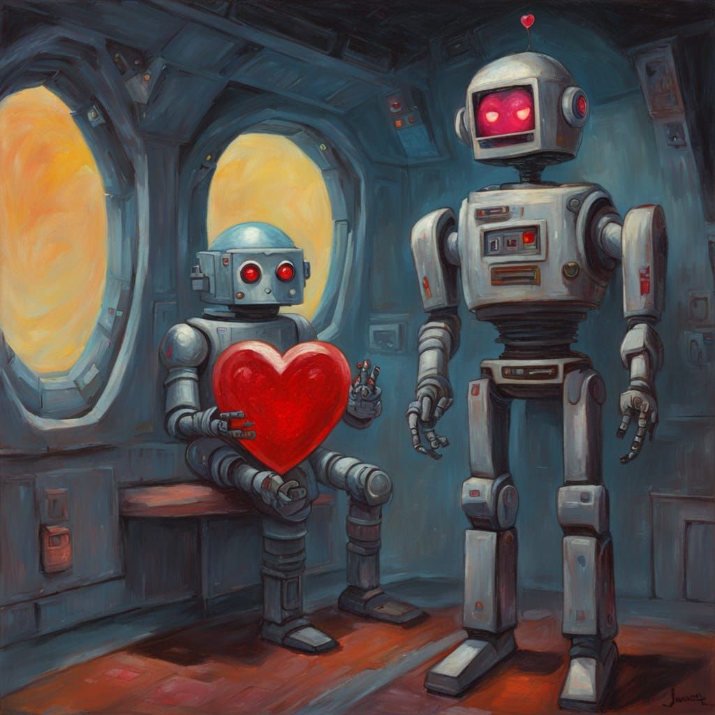 A Lonely Robot's Valentine's Plea in a Cosmic Oil Painting
