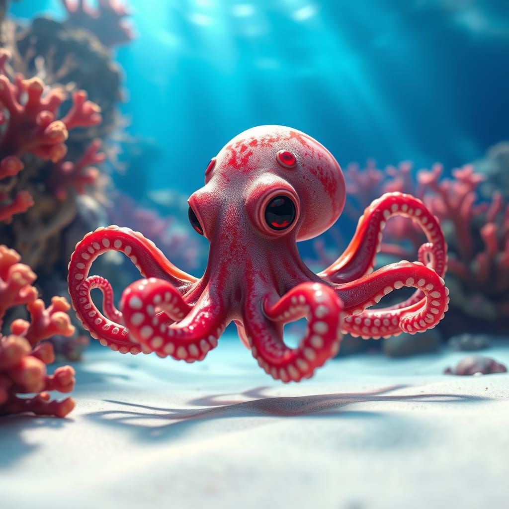 Surreal Underwater Scene with Octopus and Coral Reef in Hype...