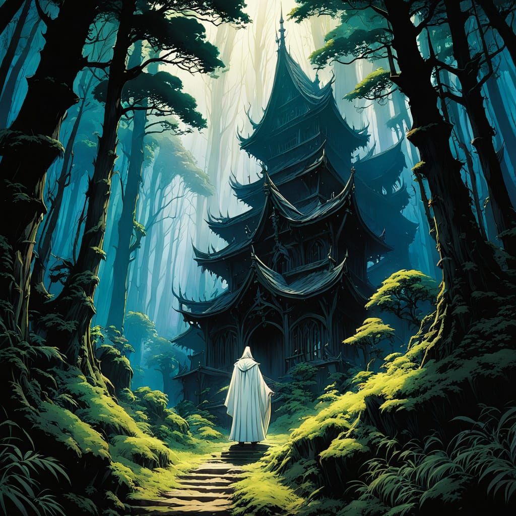 Anime Wizard in Dark Forest, Studio Ghibli Style