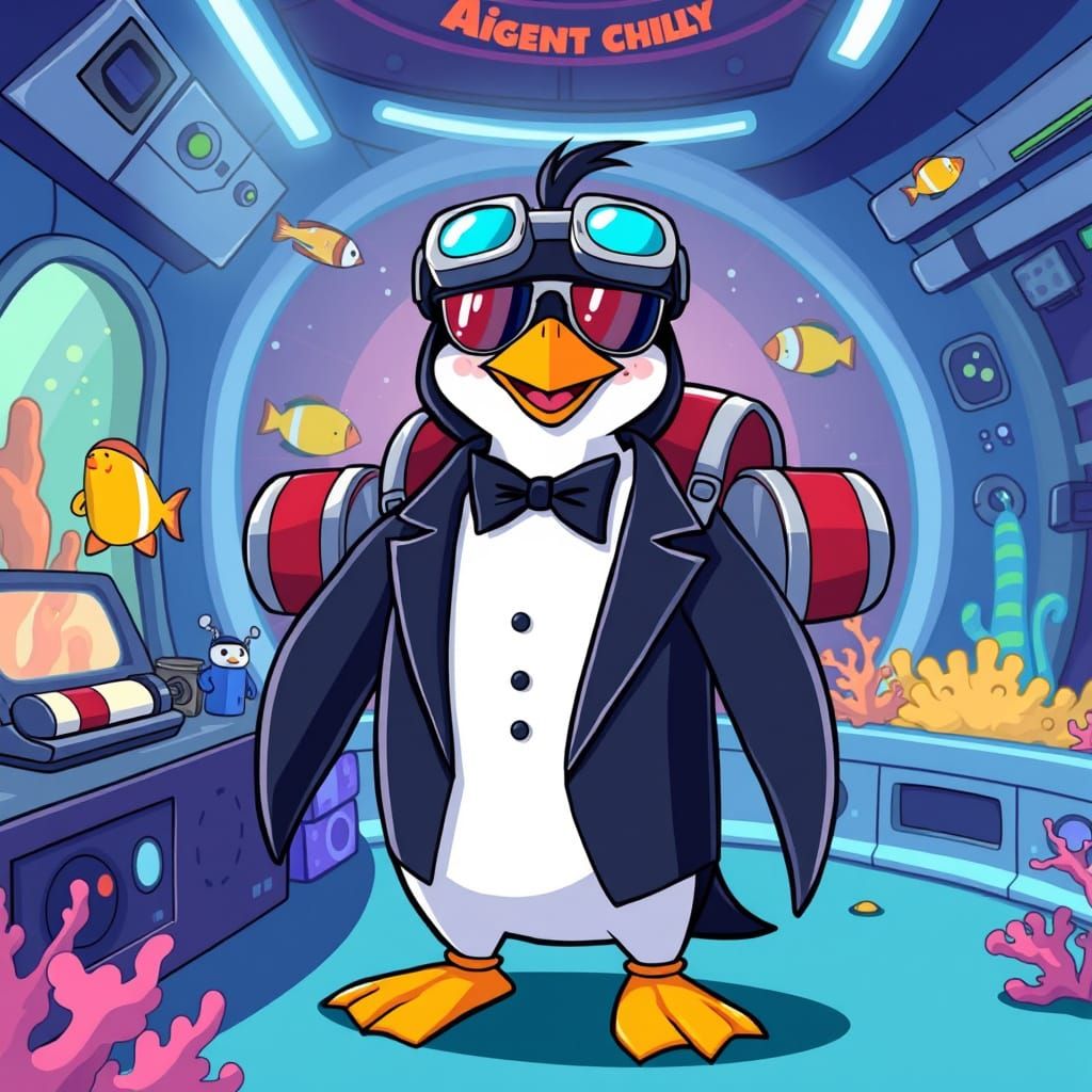 Cartoon Penguin Agent Chilly in Underwater Lair
