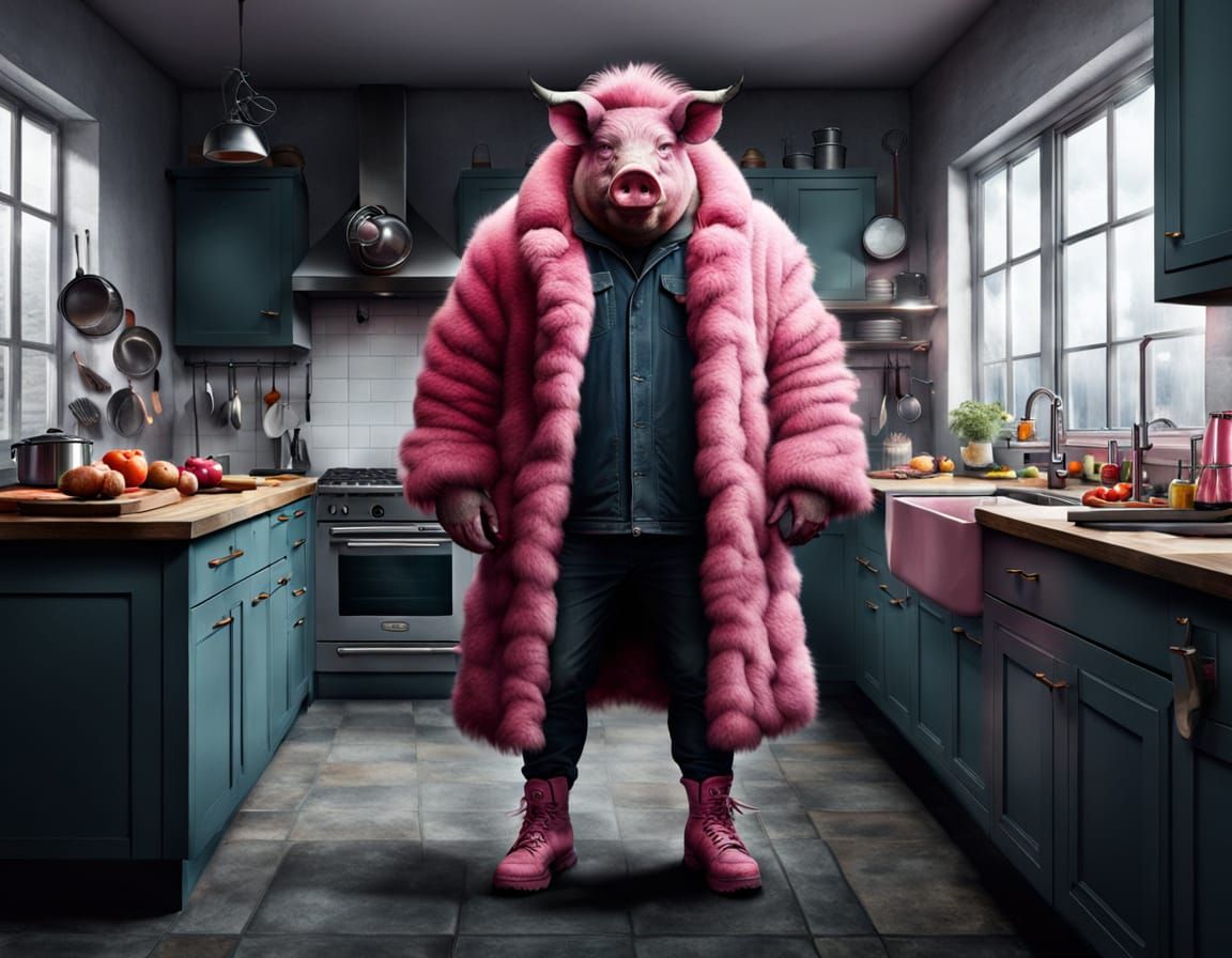 Mythical Pig Man in a Fluffy Pink Coat