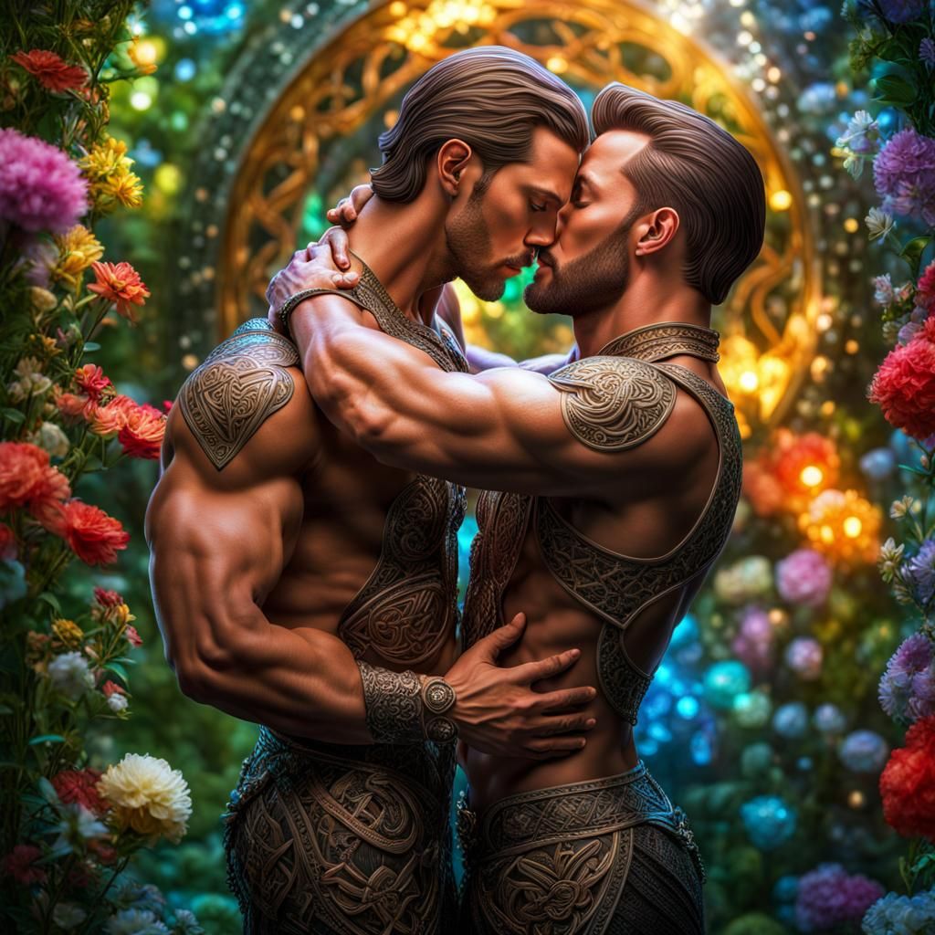Celtic Men Kissing in Crystalline Fantasy Garden