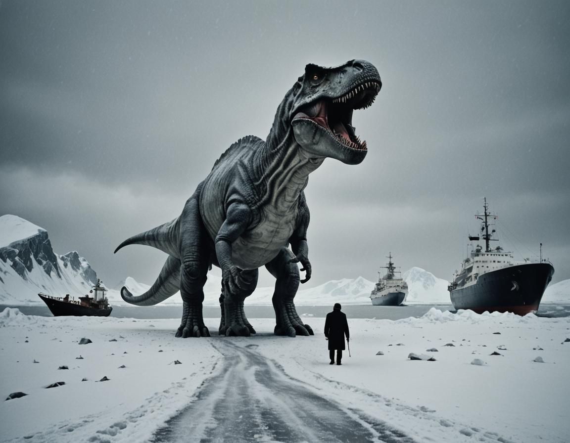 T-Rex in Antarctica: A Surreal Analog Photo