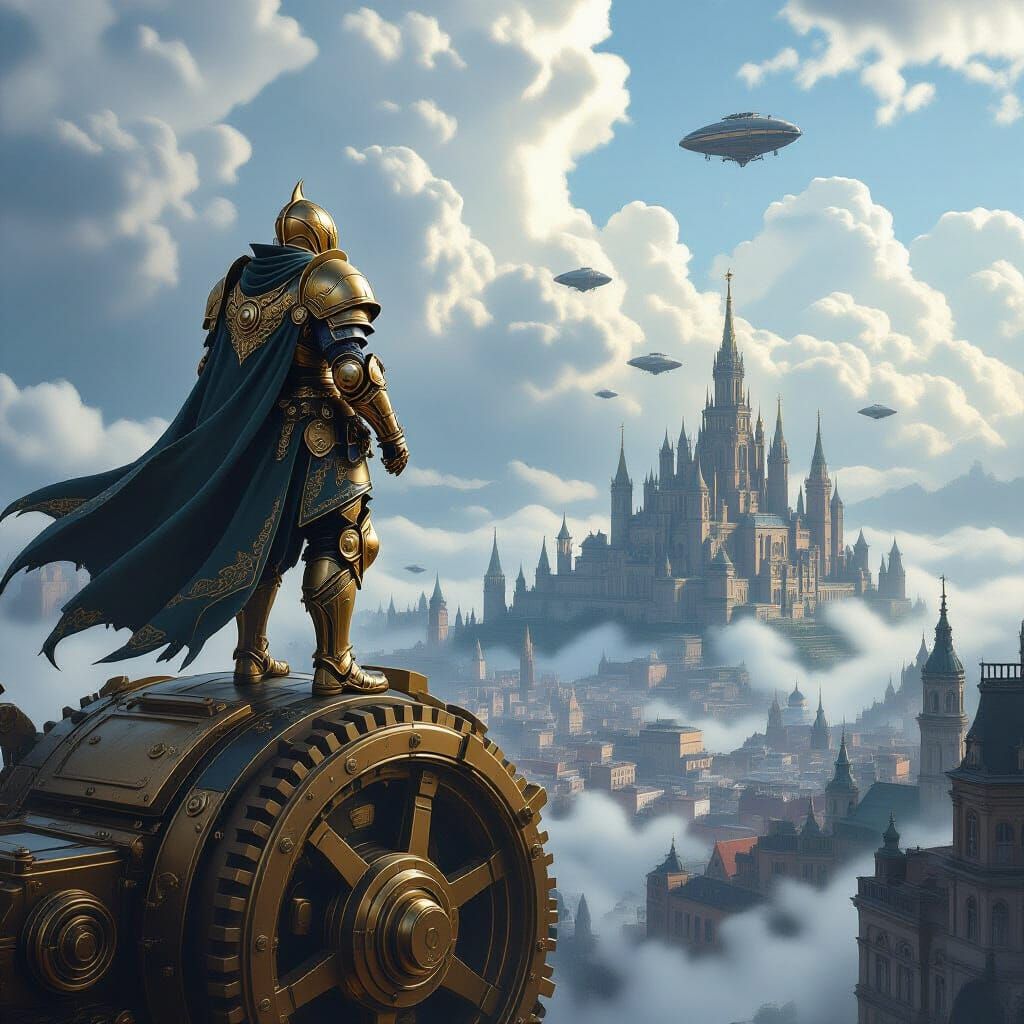 Steampunk Knight on Giant Automaton Over Victorian City