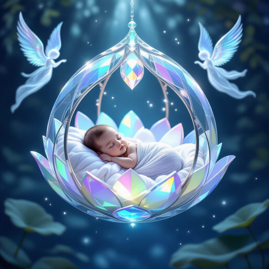 A breathtaking digital illustration depicting a futuristic floating cradle-pod shaped like a blooming lotus, shimmering ...