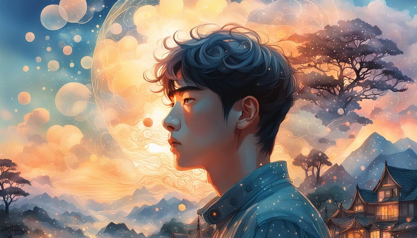 Ethereal Manhwa Portrait in Double Exposure Style