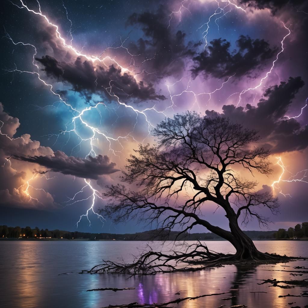Tempestuous Night Scene with Lone Tree