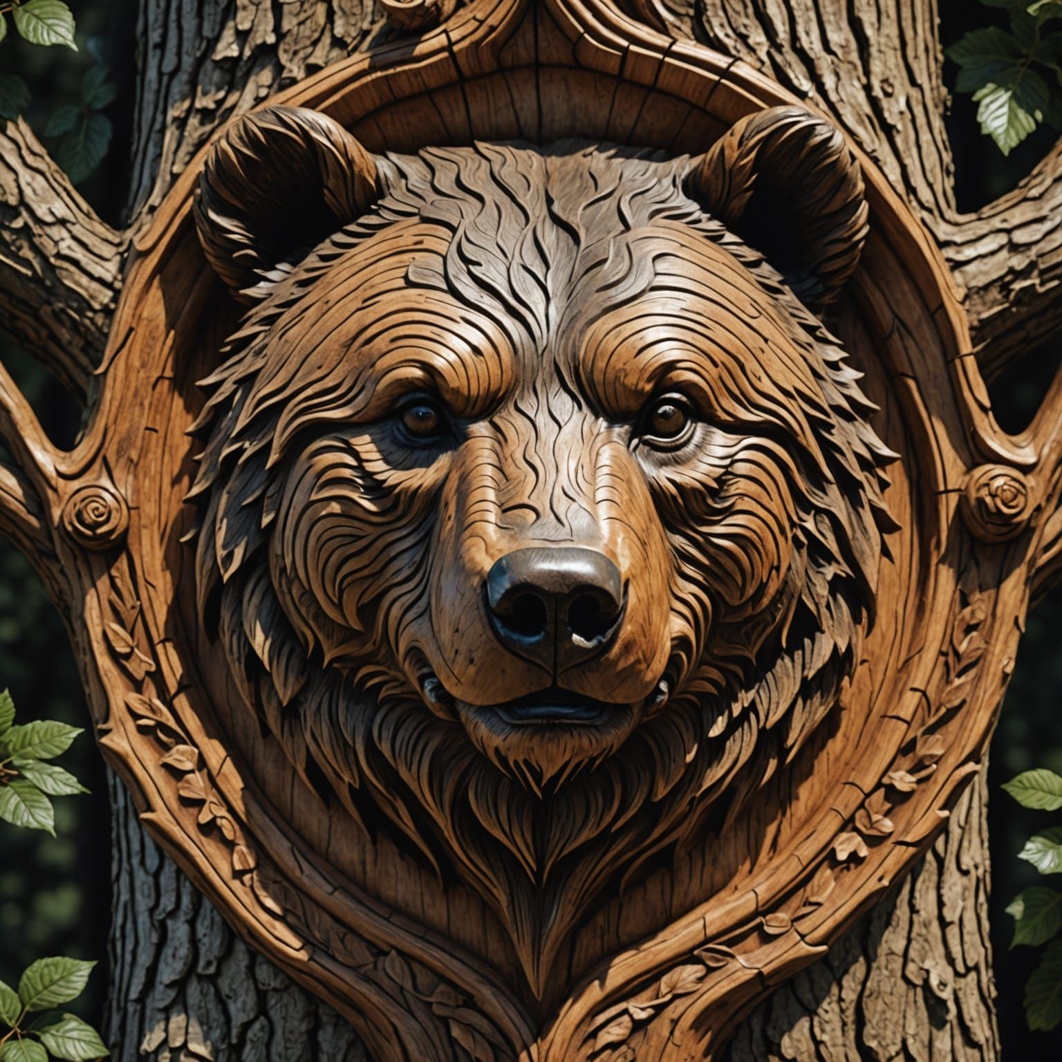 Ornate Bear Head Carving on Tree