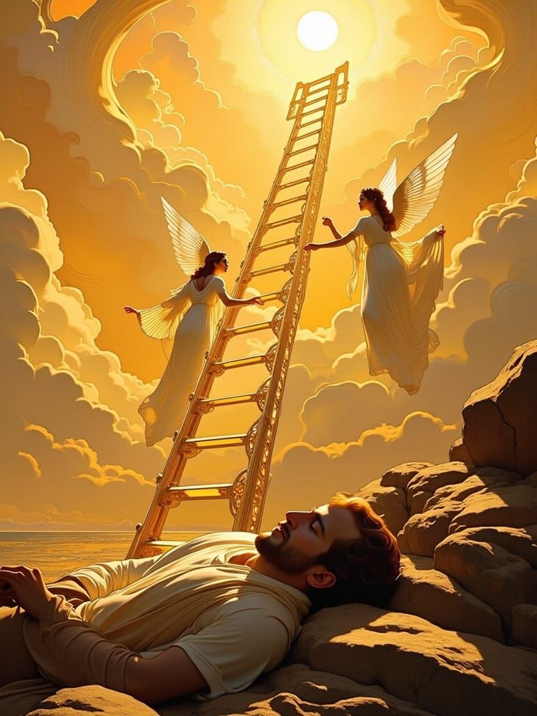 Serene Ancient Hebrew Man Surrounded by Angelic Ladder in Ar...