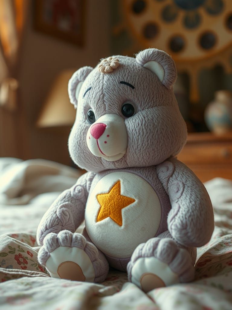 Distressed Care Bear in 1980s Kids' Bedroom