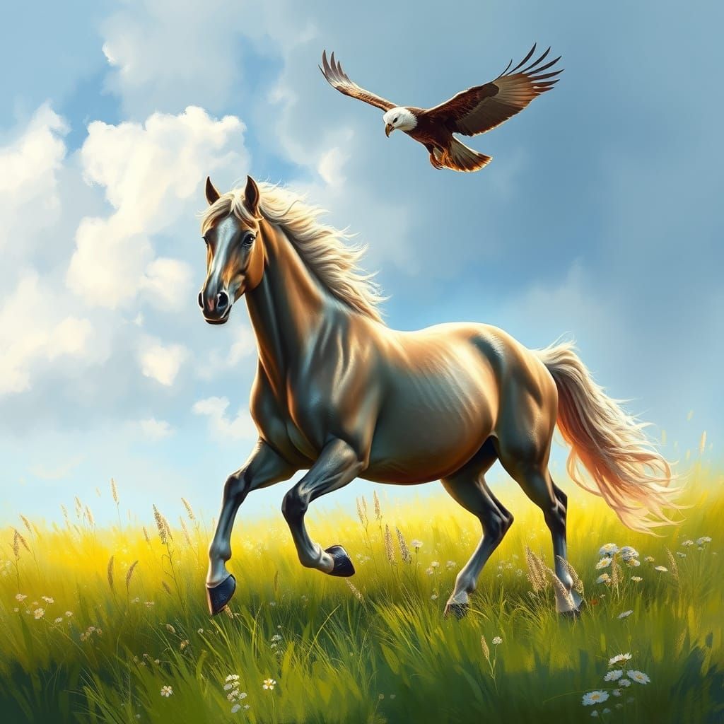 Galloping Horse in Impressionist Meadow with Hawk