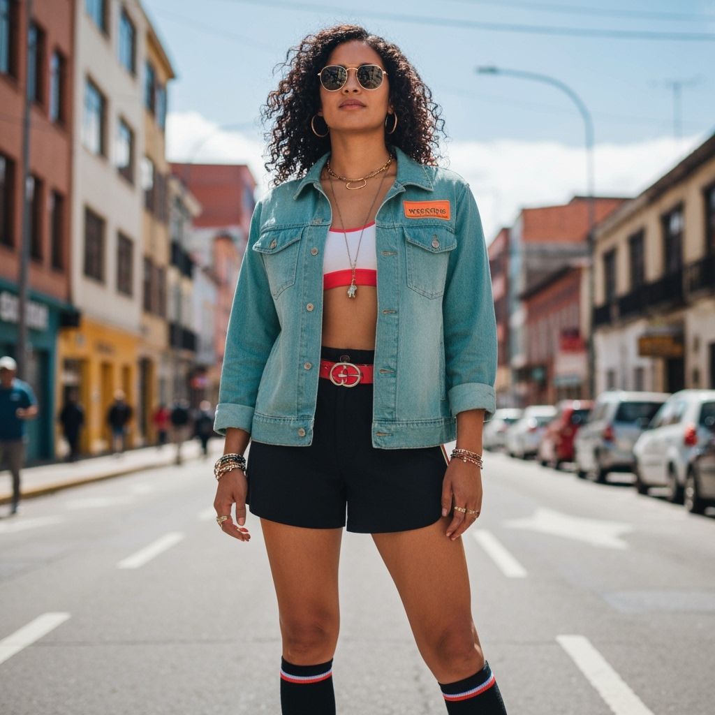 Colombian Woman in Streetwear, Sunny Bogotá Scene