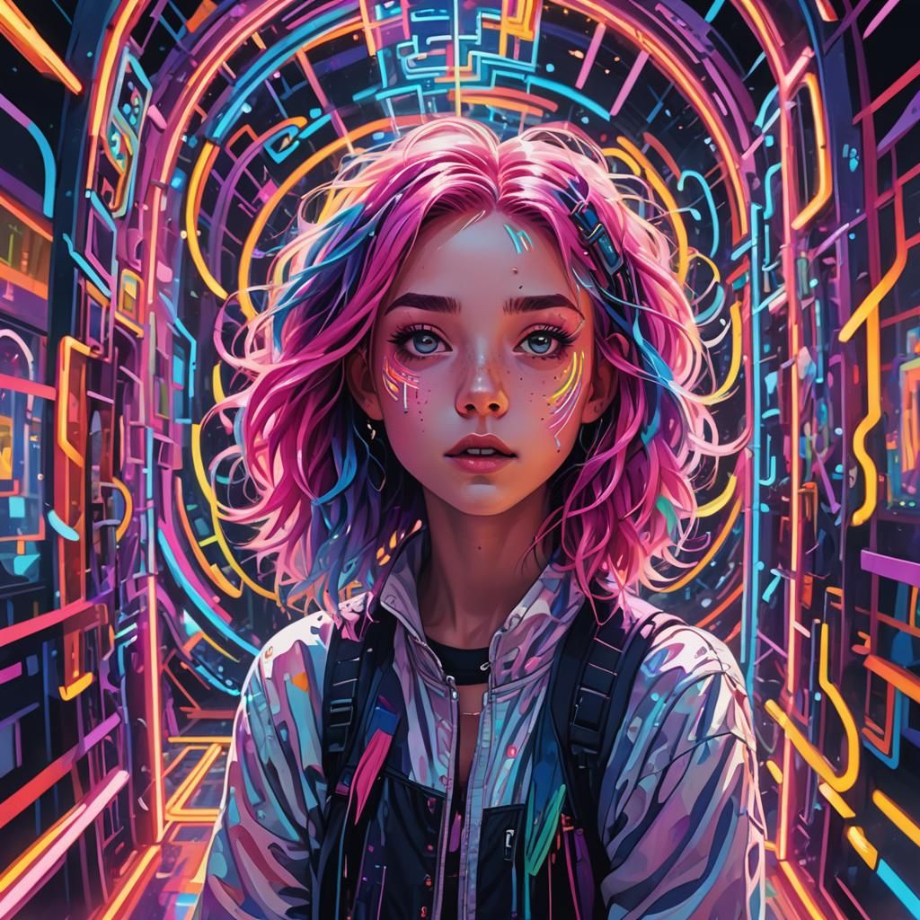 Rainbow Girl in Mirror Maze, Fantasy Art