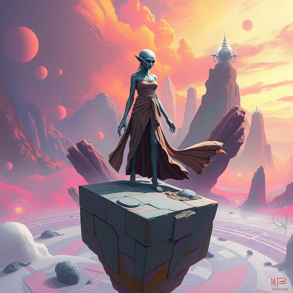 Alien Elder on Cube Planet in Digital Art Style