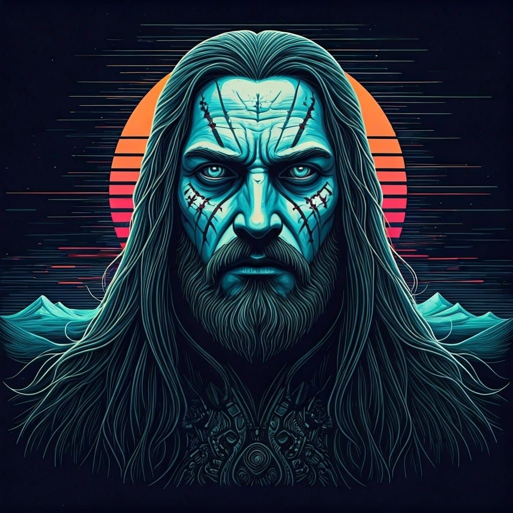 Väinämöinen in Vaporwave Linocut, Post-Apocalyptic Moebius