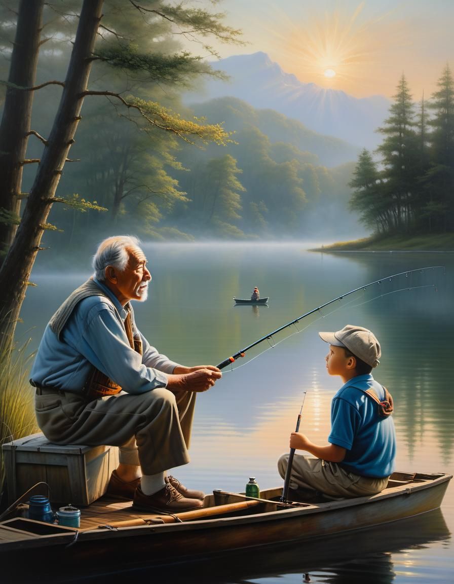 Hyperrealistic Oil Painting: Grandfather Teaches Fishing