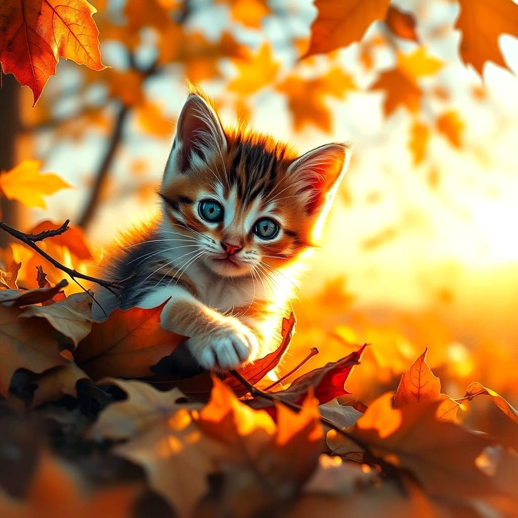 Kitten in Autumn Leaves: Watercolor Sunset Scene