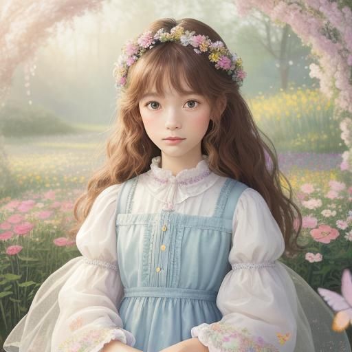 Whimsical Girl with Unicorns and Flowers